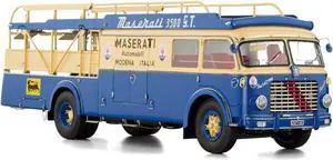 Fiat 642 RN2 Bartoletti Car Transporter "Maserati Racing" Blue and Cream 1/18 Diecast Model Car by CMC