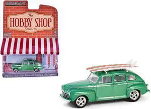 1946 Ford Fordor Super Deluxe Green Metallic with White Interior and Rack with Surfboards 1/64 Diecast Model Car by Greenlight