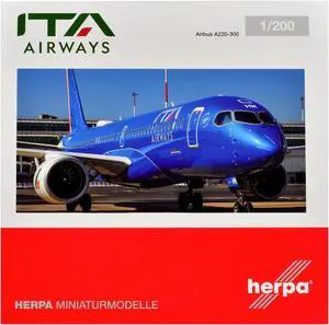 Airbus A220-300 Commercial Aircraft "ITA Airways" (EI-HHM) Blue with Tail Stripes 1/200 Diecast Model by Herpa