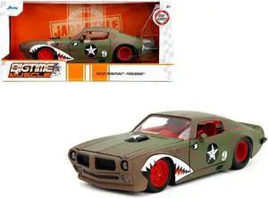 1972 Pontiac Firebird #9 Green Camouflage Flames with Graphics and Red Interior "Bigtime Muscle" 1/24 Diecast Model Car by Jada
