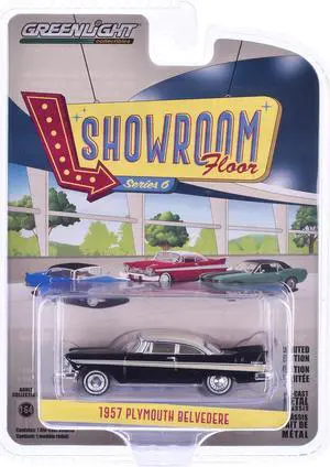 1957 Plymouth Belvedere Jet Black w/Sand Dune White Top & Stripes "Showroom Floor" Series 6 1/64 Diecast Model Car by Greenlight
