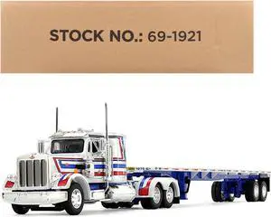 Peterbilt 359 with 36" Flat Top Sleeper and 48' Utility Trailer White with Blue and Red 1/64 Diecast Model by DCP/First Gear