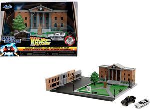 Hill Valley Courthouse Diorama with Black Pickup Truck and Delorean "Back to the Future" (1985) Movie "Nano Scene" Model by Jada