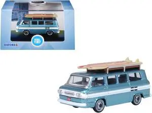 1961 Chevrolet Corvair Greenbrier Van Turquoise Met & Cameo White w/Surfboards 1/87 (HO) Scale Diecast Model Car Oxford Diecast