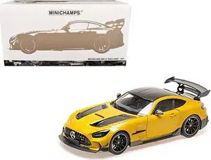 2021 Mercedes-Benz AMG GT Black Series Solarbeam Yellow Metallic with Black Top and Hood 1/18 Diecast Model Car by Minichamps