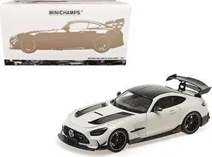 2021 Mercedes-Benz AMG GT Black Series White Metallic with Black Top and Hood Stripes 1/18 Diecast Model Car by Minichamps
