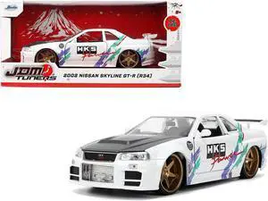 2002 Nissan Skyline GT-R (R34) "HKS Power" White with Carbon Hood and Graphics "JDM Tuners" 1/24 Diecast Model Car by Jada