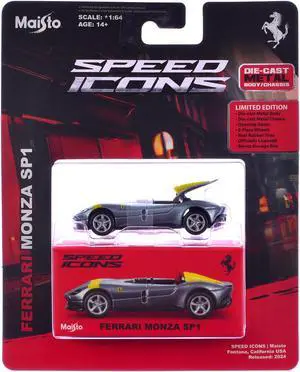Ferrari Monza SP1 Silver Metallic with Yellow Stripes "Speed Icons" Series 1/64 Diecast Model Car by Maisto