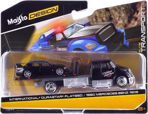 International Durastar Flatbed Truck Black "Premium Auto Car" and 1990 Mercedes-Benz 190E Black 1/64 Diecast Models by Maisto