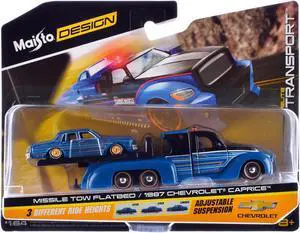 Missile Tow Flatbed Truck Blue Met and Black w/Graphics & 1987 Chevrolet Caprice Lowrider Blue Met 1/64 Diecast Models by Maisto