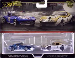 Chevrolet Corvette Stingray Coupe #65 Blue Met with White & 1969 Chevrolet #6 Gold Met & White Diecast Model Cars by Hot Wheels