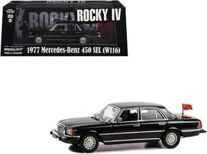 1977 Mercedes-Benz 450 SEL (W116) Black with Soviet Flag "Rocky IV" (1985) Movie 1/43 Diecast Model Car by Greenlight