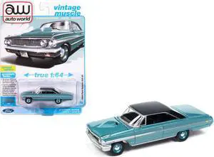 1964 Ford Galaxie 500 XL Dynasty Green Metallic with Black Top "Vintage Muscle" Series 1/64 Diecast Model Car by Auto World
