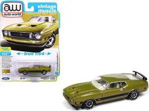 1973 Ford Mustang Mach 1 Bright Green Gold Metallic with Black Stripes "Vintage Muscle" 1/64 Diecast Model Car by Auto World
