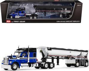 Kenworth W990 76" Mid-Roof Sleeper and MAC Half Round End Dump Trailer Blue and Black 1/64 Diecast Model by DCP/First Gear