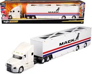 Mack Anthem Enclosed Car Transporter "Mack" White with Red and Blue Stripes "Custom Haulers" Series 1/64 Diecast Model by Maisto