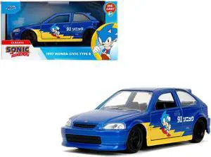 1997 Honda Civic Type R Blue Metallic with Graphics "Sonic the Hedgehog" (1991) Video Game 1/32 Diecast Model Car by Jada