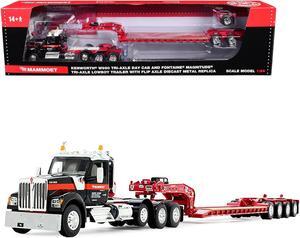 Kenworth W990 Heavy Haul Day Cab & Magnitude Tri-Axle Trailer w/Flip Tail Black & Red 1/64 die cast model by DCP/First Gear