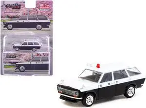 Datsun Bluebird 510 Wagon "Japan Police Car" Black and White "Global64" Series 1/64 Diecast Model by Tarmac Works