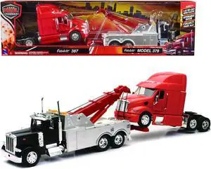 Peterbilt 379 Tow Truck Black with Peterbilt 387 Truck Tractor Red Set of 2 pieces 1/32 Diecast Model by New Ray