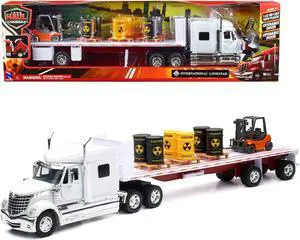 International Lonestar Flatbed Truck White with 6 Toxic Barrels, 3 Pallets and Forklift 1/32 Diecast Model by New Ray