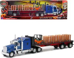Kenworth W900 Truck with Flatbed Trailer Blue with Forklift and Pallets "Long Haul Truckers" 1/32 Diecast Model by New Ray