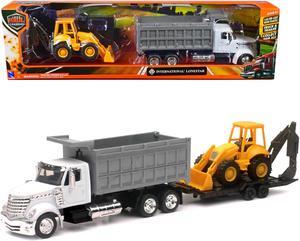 International Lonestar Dump Truck White and Wheel Loader Yellow with Flatbed Trailer 1/43 Diecast Model by New Ray