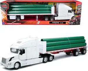 Volvo VN-780 Truck with Flatbed Trailer and Long Pipes White "Long Haul Truckers" Series 1/32 Diecast Model by New Ray