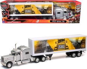 Peterbilt 389 Truck Silver Metallic with Dry Van Trailer "Trucker Keep The World Running" 1/32 Diecast Model by New Ray