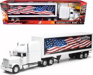 Freightliner Classic XL Truck White with Dry Van Trailer White with Patriotic Graphic 1/32 Diecast Model by New Ray