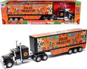 Kenworth W900 Truck Black with Graphics and Dry Van Trailer "Day of the Dead / Dia De Muertos" 1/32 Diecast Model by New Ray