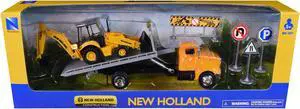 Peterbilt 335 Roll-Off Flatbed Truck and New Holland B110C Backhoe Loader with Street Signs Diecast Models by New Ray