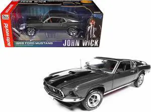 1969 Ford Mustang Dark Gray Metallic w/Black "John Wick" (2014) Movie 1/18 Diecast Model Car by Auto World