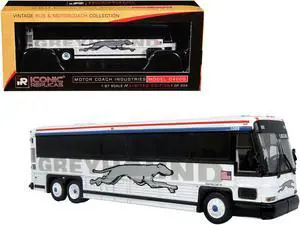 2001 MCI D4000 Coach Bus "Greyhound" White with Red and Blue Stripes 1/87 (HO) Diecast Model by Iconic Replicas