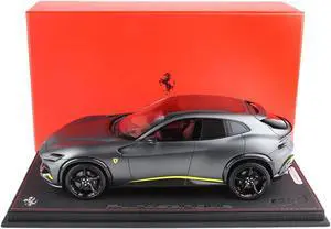 Ferrari Purosangue Matt Silverstone Gray Metallic with Yellow Stripes and Panoramic Roof with DISPLAY CASE 1/18 Model Car by BBR