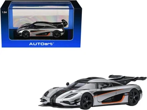 Koenigsegg One:1 Moon Gray Metallic with Carbon and Orange Stripes 1/64 Model Car by Autoart Koenigsegg One:1 Moon Gray Metallic with Carbon and Orange Stripes 1/64 Model Car by Autoart