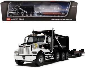 Western Star 49X Truck with Ox Bodies Dump & Beaver Tail Trailer Black with White Graphics 1/64 Diecast Model by DCP/First Gear