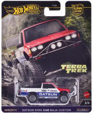 Datsun King Cab Baja Custom Pickup Truck #720 White and Blue with Red Hood "Terra Trek" Series Diecast Model Car by Hot Wheels