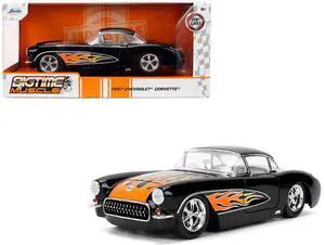 1957 Chevrolet Corvette Black with Flame Graphics and White Interior "Bigtime Muscle" Series 1/24 Diecast Model Car by Jada