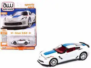 2018 Chevrolet Corvette Grand Sport Arctic White with Blue Stripe and Red Interior 1/64 Diecast Model Car by Auto World