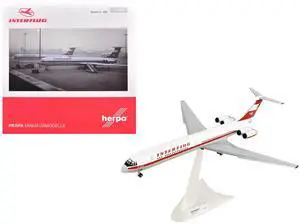 Ilyushin IL-62M Commercial Aircraft "Interflug" (DDR-SEO) White with Red Stripes and Tail 1/200 Diecast Model by Herpa