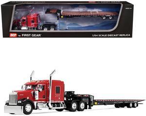 Kenworth W900L with 72" AeroCab Sleeper and Landoll Traveling Axle Trailer Black and Red 1/64 Diecast Model by DCP/First Gear
