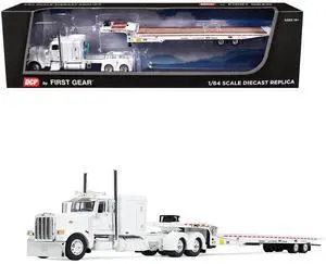 Peterbilt 389 with 63" Flat Top Sleeper and Landoll 440B50CA Traveling Axle Trailer White 1/64 Diecast Model by DCP/First Gear