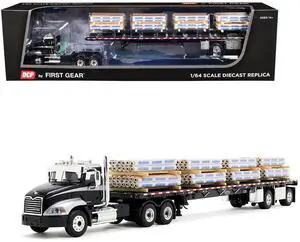 Mack Pinnacle Day Cab w/Minimizer Parts & 53' Wilson Flatbed w/Pallets Black w/Silver 1/64 Diecast Model by DCP/First Gear