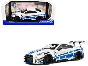 2024 Nissan GT-R (R35) RHD with Liberty Walk 2.0 Body Kit White Metallic with Blue 1/18 Diecast Model Car by Solido