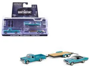 1969 Plymouth GTX Turquoise Metallic & 1967 Dodge D-200 Truck  Trailer "Graveyard Carz" 1/64 Die Cast Model Car by Greenlight