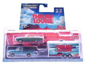 1966 Ford Thunderbird Convertible Blue & 1967 F-250 Truck Blue w/Car Hauler "Thelma & Louise" 1/64 Die Cast Model Car Greenlight