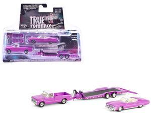 1974 Cadillac Eldorado Convertible Pink and 1972 Chevrolet C-30 Truck Pink with Hauler 1/64 Diecast Model Cars by Greenlight