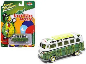 1965 Volkswagen Samba Bus "Turtle Wax" White and Green w/Graphics "Pop Culture" 2025 1/64 Diecast Model Car by Johnny Lightning