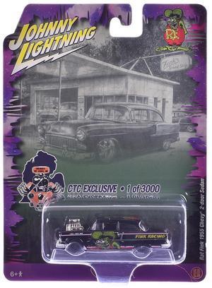 1955 Chevrolet 2-Door Sedan "Rat Fink Racing" Black with Graphics "CTC Exclusive" 1/64 Diecast Model Car by Johnny Lightning.